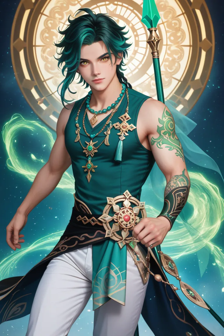 ((full body)), xiao (genshin impact), ((1boy)), short dark teal hair, confident expression, muscular build, detailed outfit, sleeveless teal tunic, white pants, intricate tattoos on arms, holding a spear with a green gem, (dynamic pose:1.2), (looking at vi...