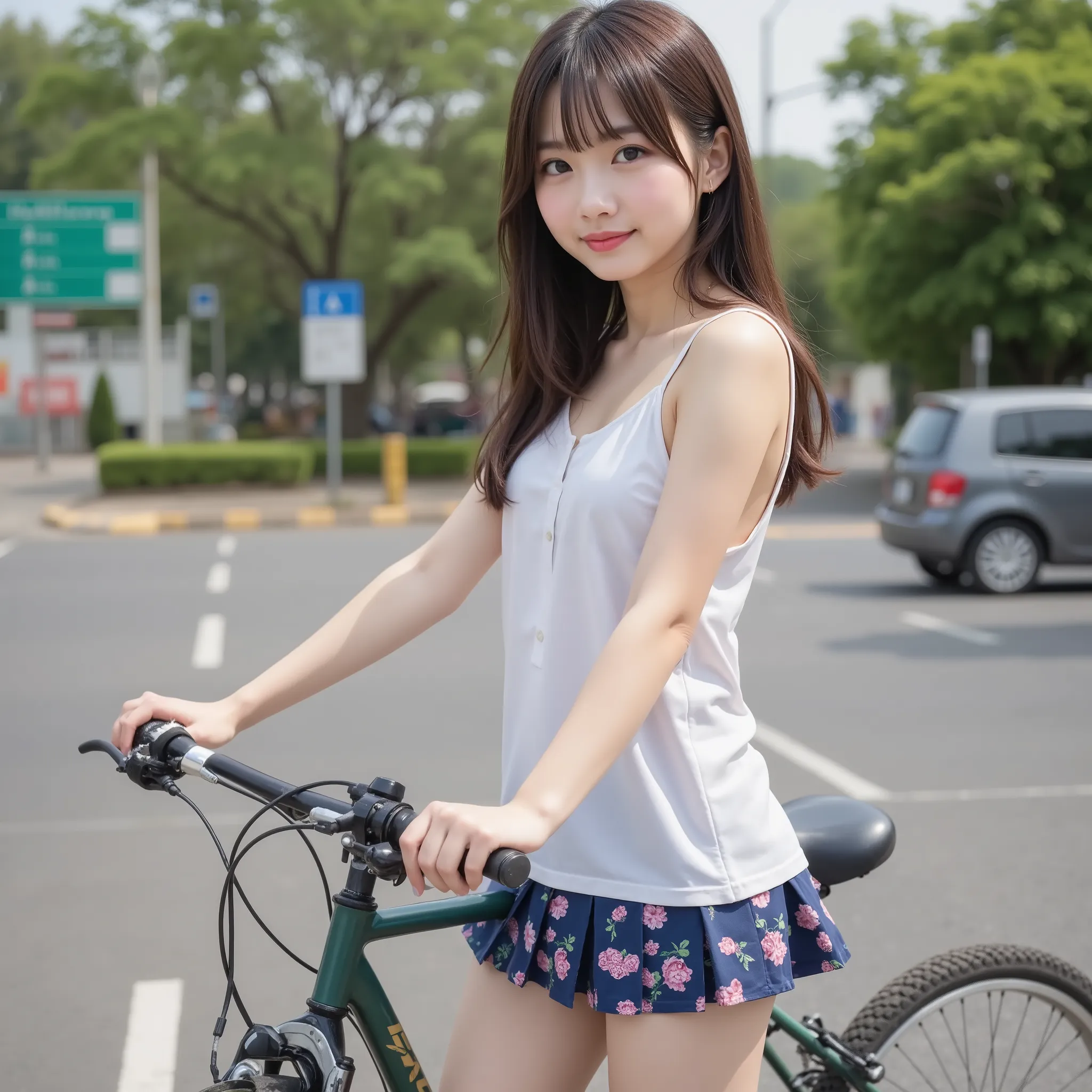 (City roads), masterpiece:1.37,  super realistic, Photorealistic, dramatic scene, smile:0.8, (25 year old asian girl, alone, alone), (medium chest, medium ass, Japanese models, thin waist, beautiful eyes, beautiful face, symmetrical eyes:1.21, ((long hair,...