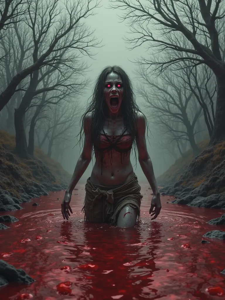 A zombie girl in a river of blood