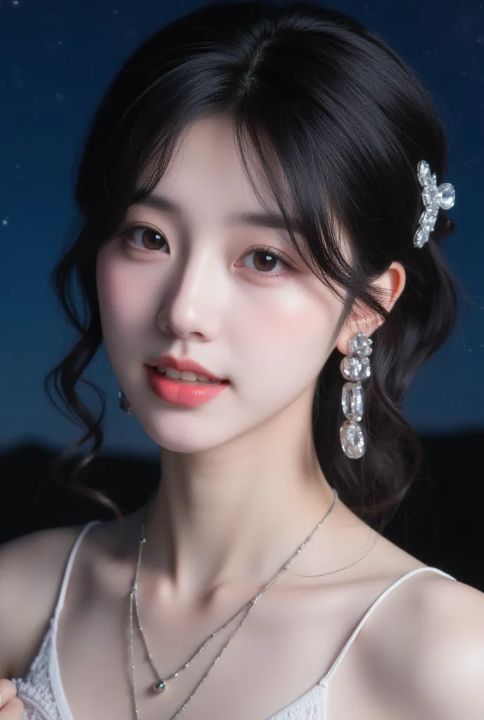 Super detailed body, super detailed face, best quality, close-up, beautiful Korean female model upper body, fair skin, pretty face, brown eyes, Pretty Face，Brown eyes .Crystal Hair Clip ，Silver Crystal Necklace，SILVER CRYSTAL ORNAMENT，Night Sky，Open，night，...