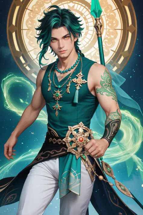((full body)), xiao (genshin impact), ((1boy)), short dark teal hair, confident expression, muscular build, detailed outfit, sleeveless teal tunic, white pants, intricate tattoos on arms, holding a spear with a green gem, (dynamic pose:1.2), (looking at vi...