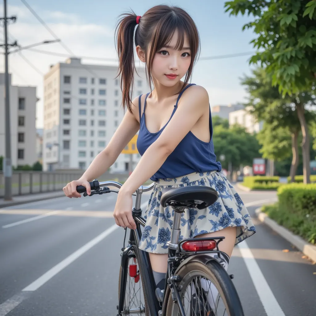 (City roads), masterpiece:1.37,  super realistic, Photorealistic, dramatic scene, smile:0.8, (25 year old asian girl, alone, alone), (medium chest, medium ass, Japanese models, thin waist, beautiful eyes, beautiful face, symmetrical eyes:1.21, ((twintail:1...