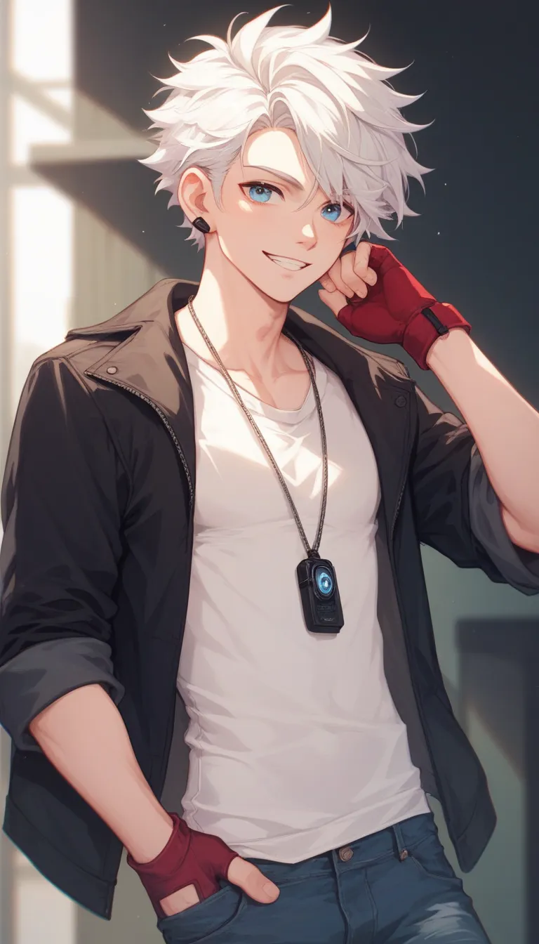 A young man, he has light blue eyes and pale skin, he has white hair and medium size,  up to the neck , with a long and messy fringe, he wears a white shirt with light red sweatshirt and black jeans, has earphones hanging around her neck and wears a finger...