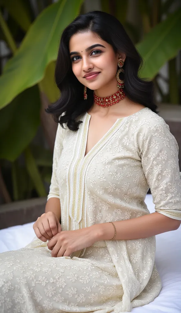 Indian girl wearing floral white colour saree sitting on bed huge  and red colour jewellery and looking so sexy, navel visible, with navel pin