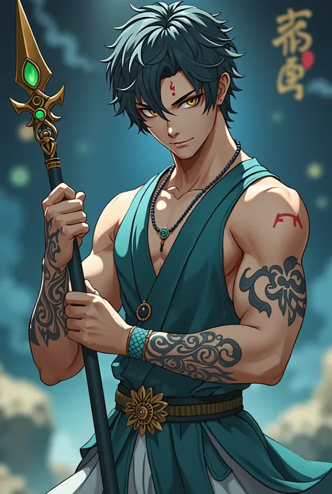 ((full body)), xiao (genshin impact), ((1boy)), short dark teal hair, confident expression, muscular build, detailed outfit, sleeveless teal tunic, white pants, intricate tattoos on arms, holding a spear with a green gem, (dynamic pose:1.2), (looking at vi...