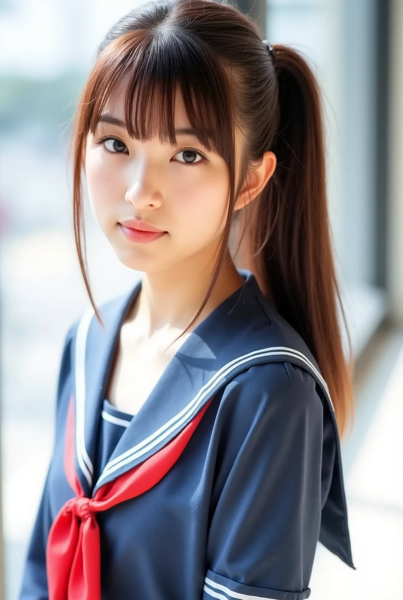 Create a stunning photo collection of a beautiful Japanese idol girl with fair skin. She has long straight hair styled in a ponytail with bangs. She is wearing a sailor school uniform and standing gracefully. Focus on capturing her charm and elegance.