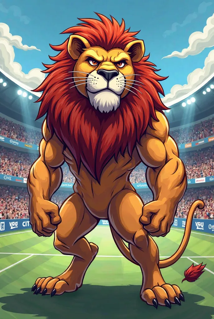 Create a soccer team mascot featuring a wild lion with a thin leg