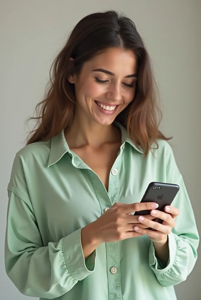 A brunette woman is holding a cell phone and sending a message on WhatsApp while looking at the screen.

She is 30 years old and is wearing a pastel green outfit.

And the background of this image is just a neutral color.