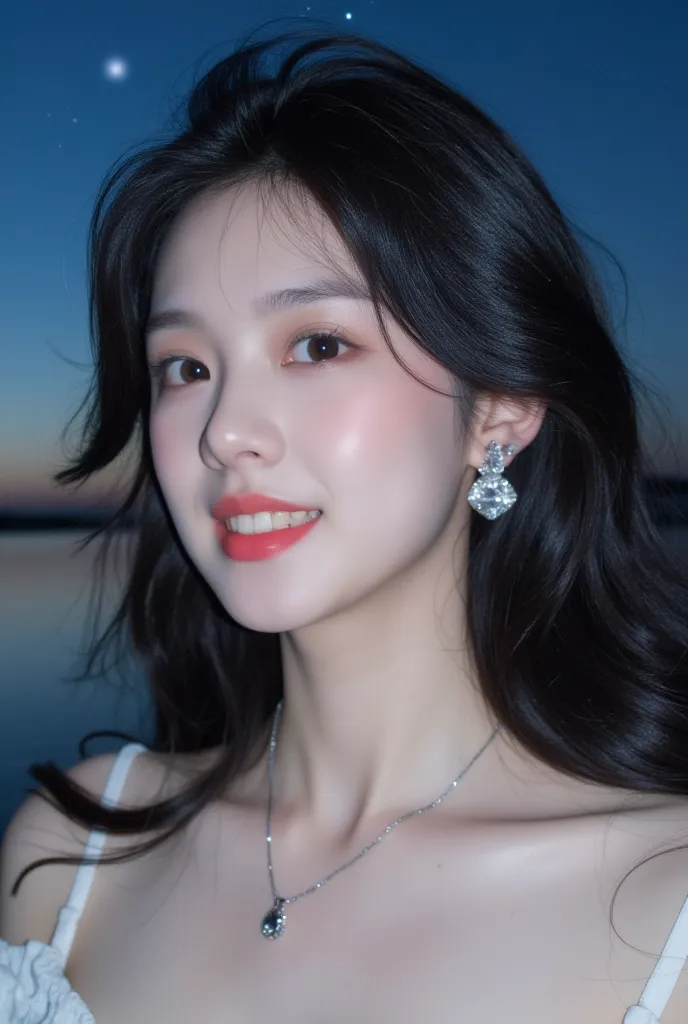 Super detailed body, super detailed face, best quality, close-up, beautiful Korean female model upper body, fair skin, pretty face, brown eyes, Pretty Face，Brown eyes .Crystal Hair Clip ，Silver Crystal Necklace，SILVER CRYSTAL ORNAMENT，Night Sky，Open，night，...