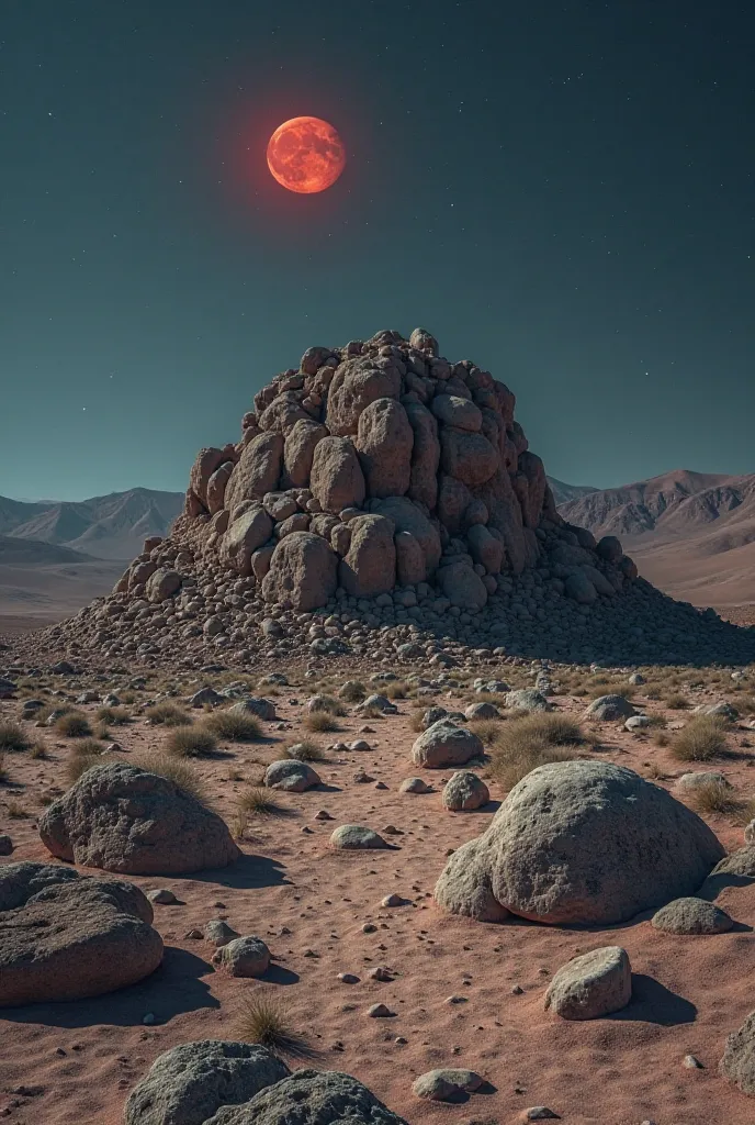 But you help create an image for a poster showing a hill with stones that have petroglyphs and a faint red moon in the background, The desert is from the Atacama desert Chile 