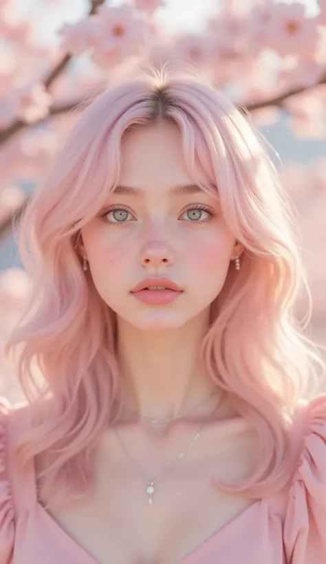 A young woman with soft pastel pink hair in loose, flowing waves that frame her face, styled slightly off-center. Her hair has a dreamy, cotton-candy hue with natural texture and strands gently falling over her forehead. Light, translucent porcelain skin w...