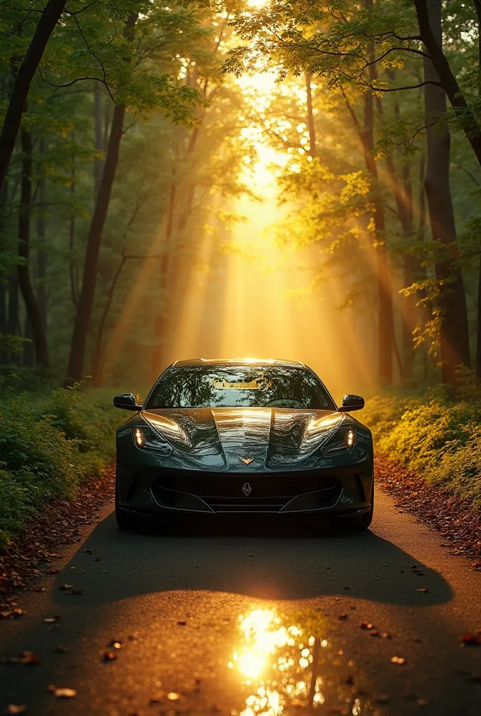 Show a golden sunbeam piercing through a dense green forest, illuminating a sleek shadow of the car (but not fully revealing it). The reflection of the leaves on its surface subtly hints at the car’s presence.