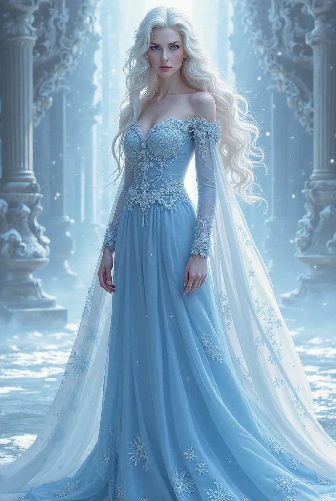 female protagonist, Princess of the Ice Empire, white hair, blue eyes, Pale skin, wearing a majestic light blue dress with a white cape 