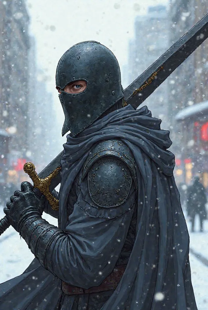 Male adult wearing a helmet with black metal mask, delgado y fuerte. holding a large curved sword half organic and inorganic. looking back with a malicious smile, wearing warm dark gray. Not very detailed anime drawing, with snowy city background