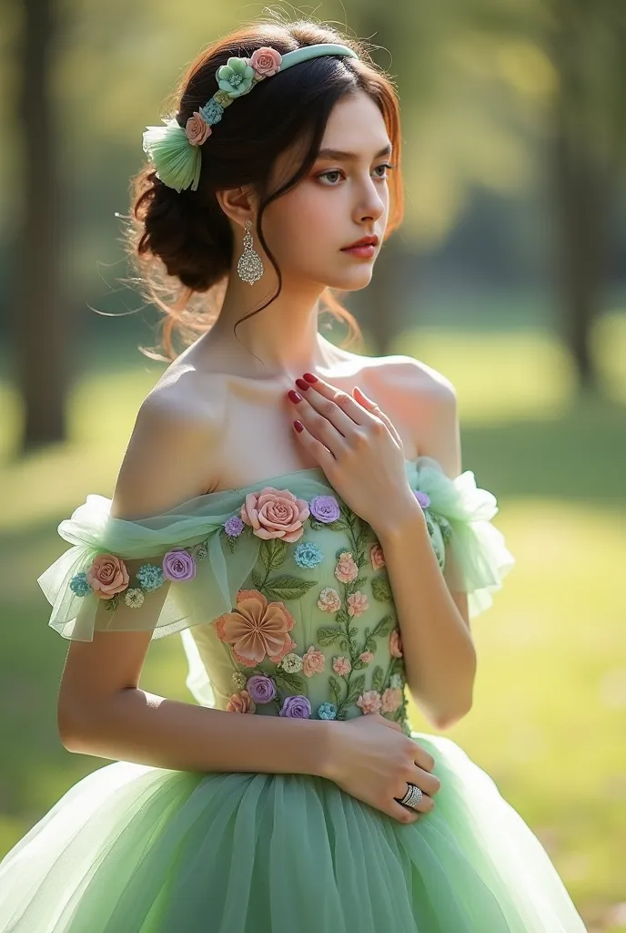 A stunning young woman with delicate features and fair skin poses gracefully in an ethereal floral gown with an off-the-shoulder design. The dress is adorned with intricate 3D floral appliqués in soft pastel shades of pink, purple, and blue, set against a ...