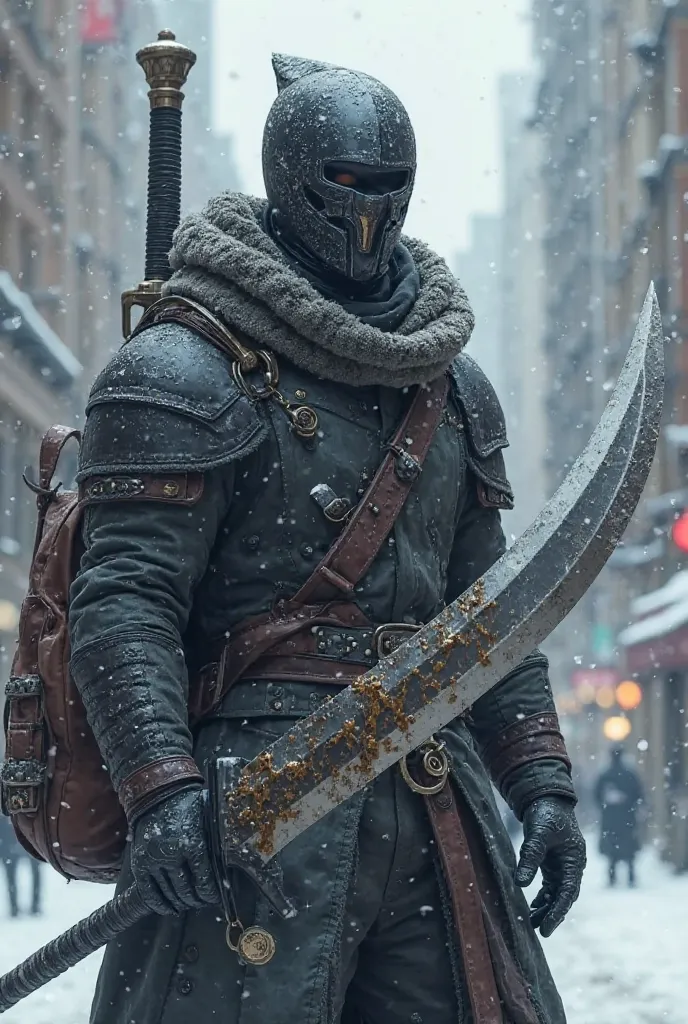 Male adult wearing a helmet with black metal mask, delgado y fuerte. holding a large curved sword half organic and inorganic. looking back with a malicious smile, wearing warm dark gray.  anime cartoon bag, with snowy city background