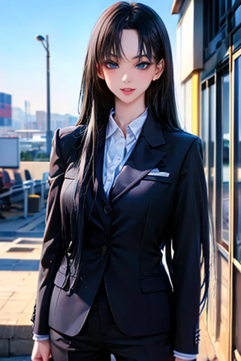 exceptional, best aesthetic, new, newest, best quality, masterpiece, extremely detailed), masterpiece, 1girl , Alone, open_mouth, smile, looking_at_viewer,hair_good, sky,black suit jacket, black suit pants, black t-shirt,masterpiece, masterpiece_portrait, ...