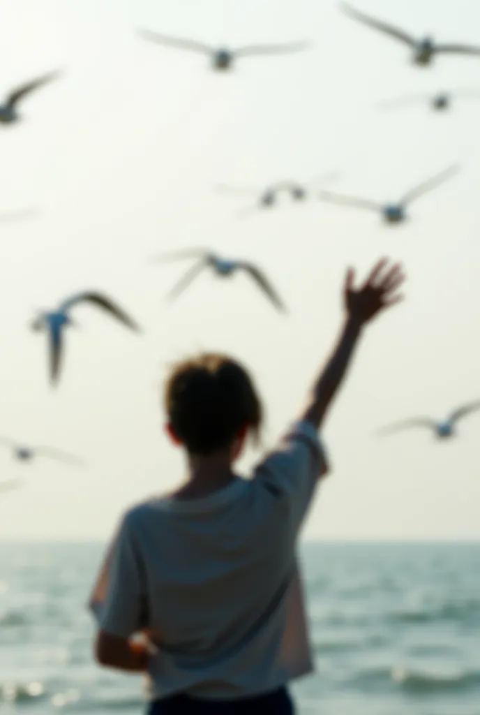 A back-view silhouette of a person with short hair, standing near the ocean, extending one arm towards the sky. The person is wearing a loose-fitting, light-colored top with soft lighting and a slightly blurred effect. Around them, a flock of seagulls is f...