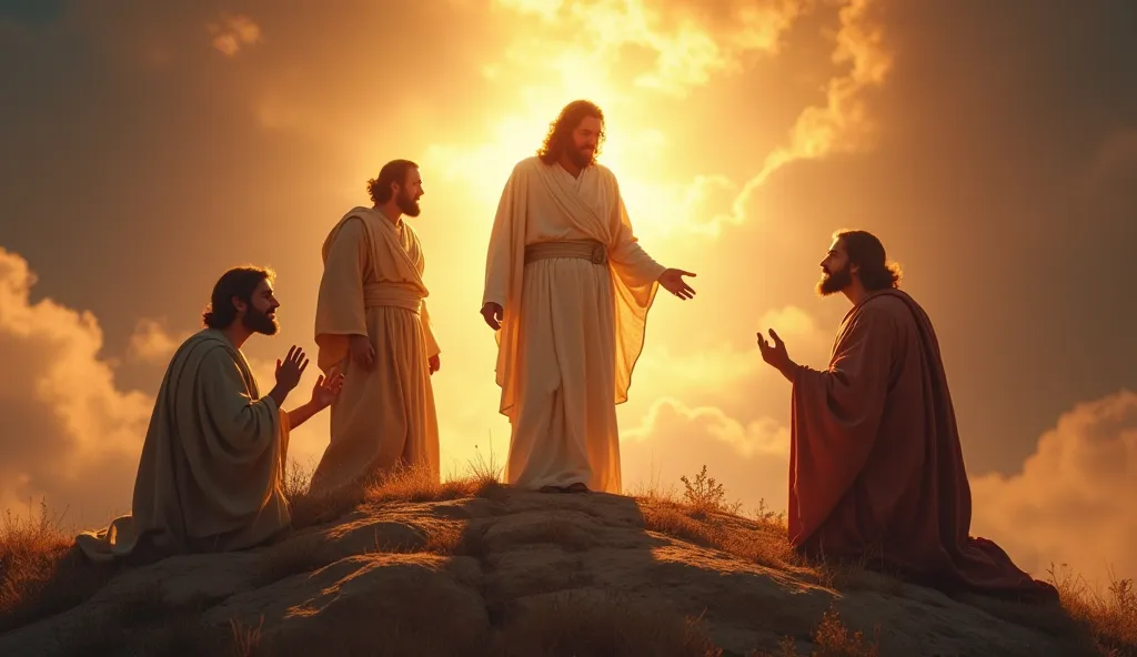 Three apostles kneeling in amazement watching the transfiguration of Jesus Christ with the prophet Moses and the prophet Elijah. Jesus and the prophets are on top of a mountain with an intense divine light illuminating the three entities. 