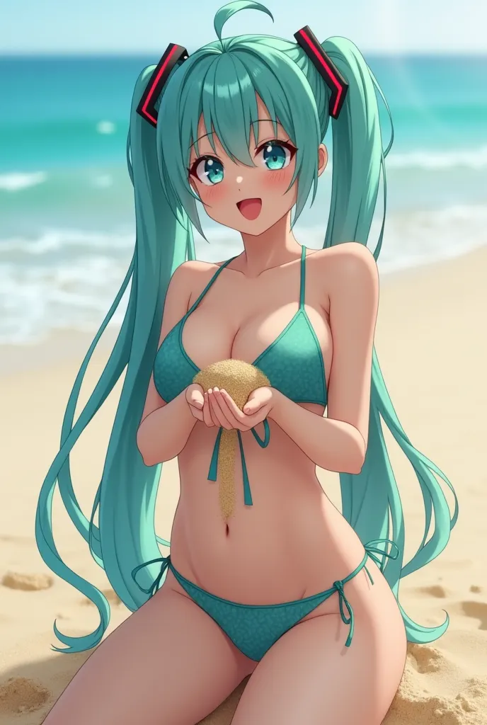 Create an image of the vocaloid Hatsuni Miku on the beach shoving sand in her vagina   