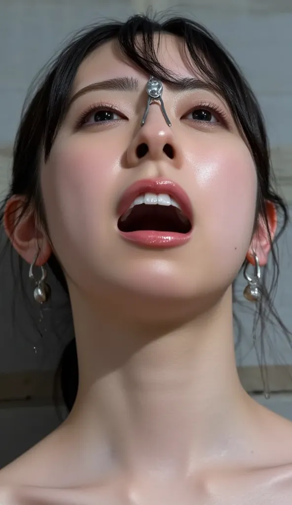 Kanemura_Miku her mouth open to reveal inside, tongue not outside mouth, Beautifully polished mouth. metal gag, saliva marks, Anatomically correct oral structure, (nose hook extending up nostril: 1.5, strap on top of head, nose hook that pulls left and rig...