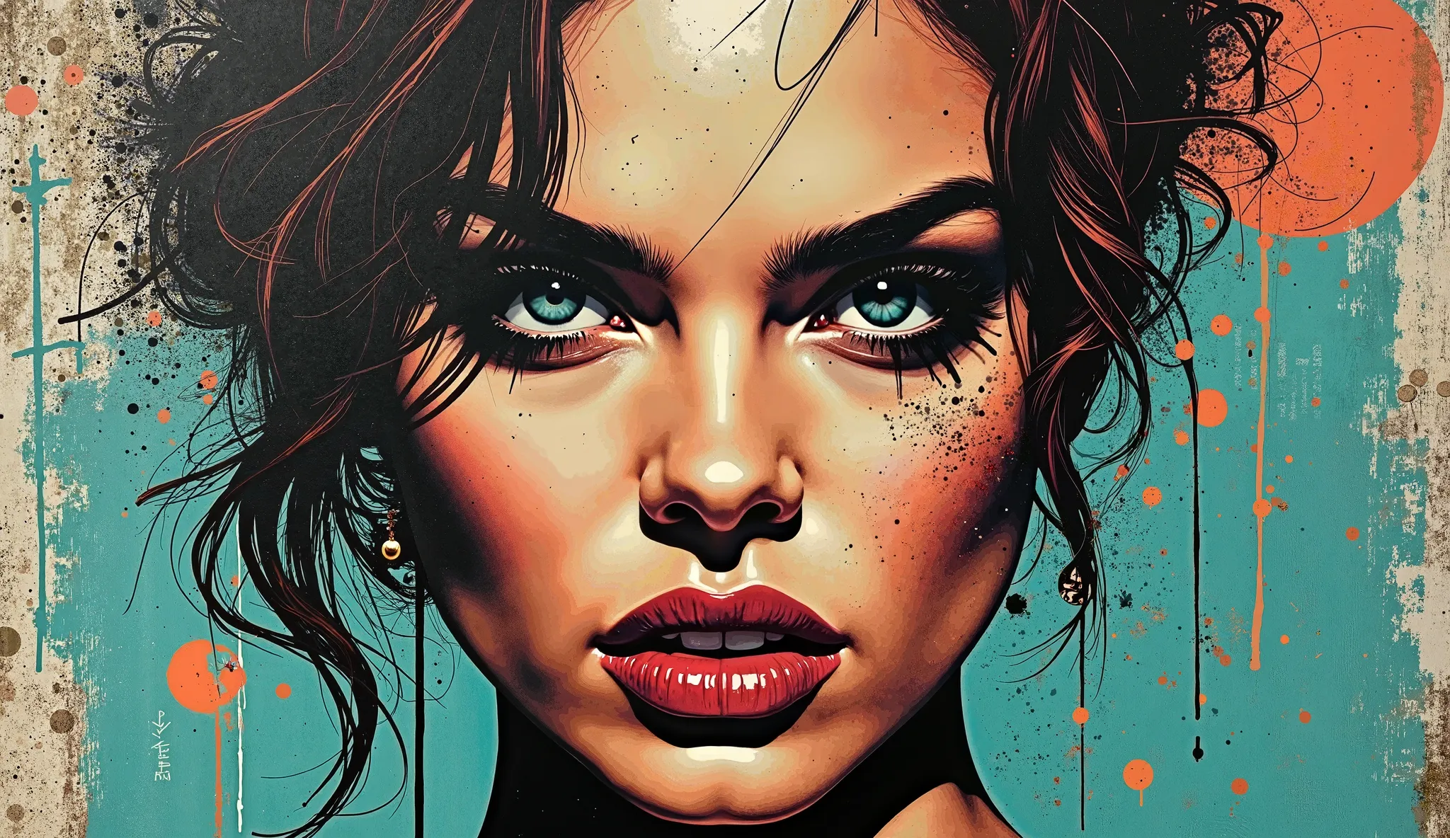 Bold pop art portrait with urban graffiti techniques, limited to brown and teal color palette, featuring a fierce feminine face with exaggerated features and heavy contrast, spray paint texture with intentional drips and splatters across a weathered wall s...