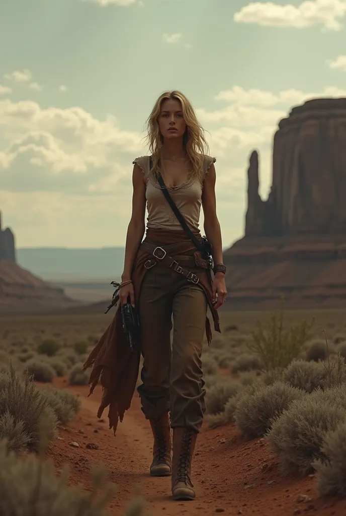 Create a 25-year-old female character with light hair in the dark western setting