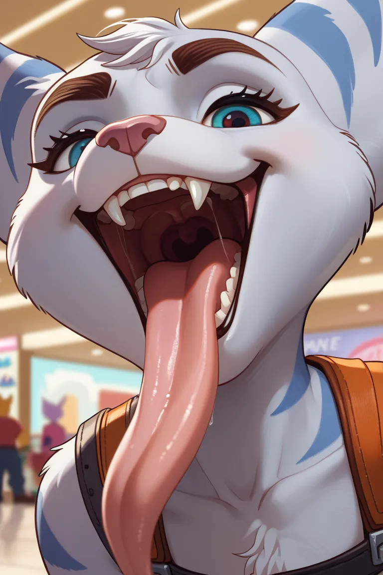 furry Rivet, from Ratchet and Clank Rift Apart, female, pink nose, silver fur, lombax, smirking expression, grinning, attractive, cartoon, toony style, detailed fur, close-up of their open mouth, close-up face, long pink tongue hanging out of their mouth, ...