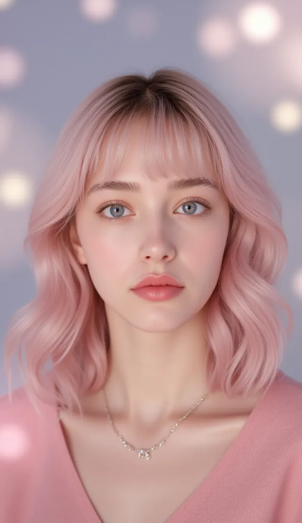 A young woman with soft pastel pink hair in loose, flowing waves that frame her face, styled slightly off-center. Her hair has a dreamy, cotton-candy hue with natural texture and strands gently falling over her forehead. Light, translucent porcelain skin w...