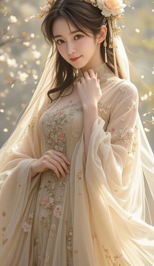 In an ethereal setting with a soft, dreamy quality, an exquisite Asian woman stands gracefully. She is dressed in an ornate, light-colored dress with intricate floral embroidery and delicate, flowing sleeves. Her long, wavy hair is adorned with flowers, ad...