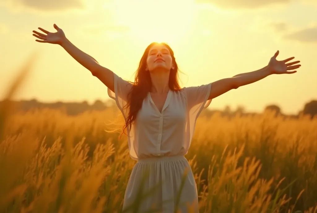 Realistic close-up  from behind of woman with outstretched arms  standing on serene meadow against  sunshine 