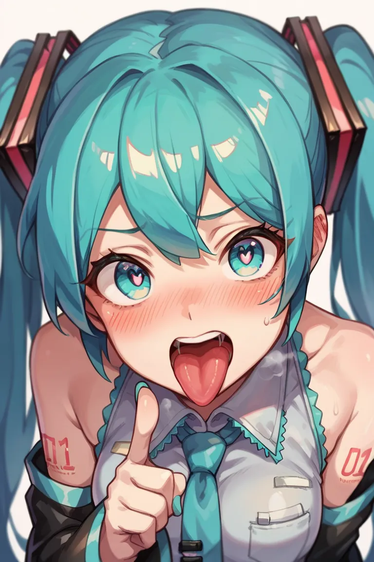 Hatsune Miku mouth open tongue out showing mouth pointing at her mouth pupils of a blushed heart breath 