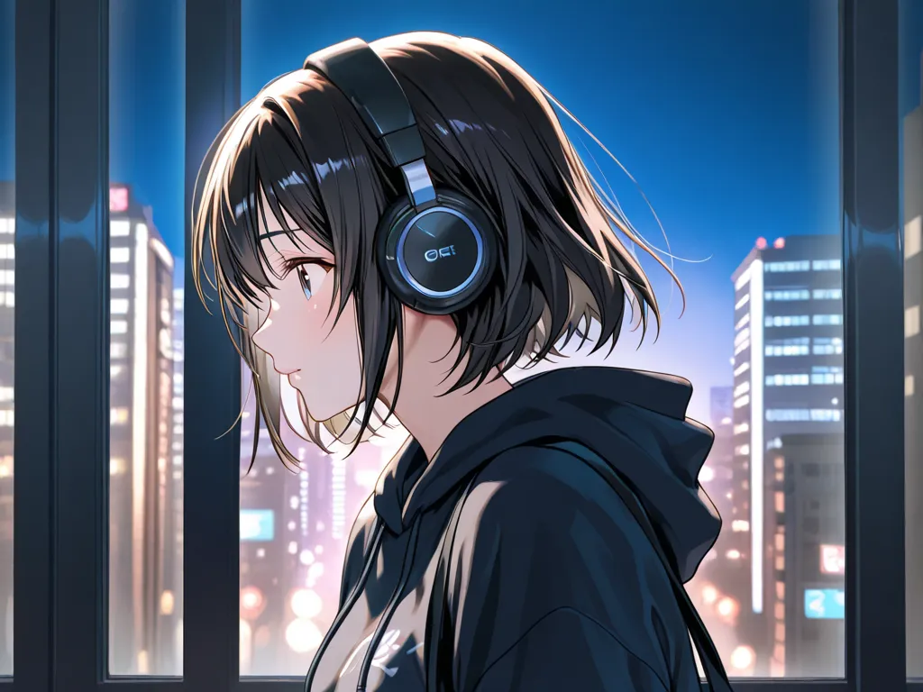 woman 、 listening to music 、cute but beautiful、black hair short、staring into the distance、 small black headphones、sentimental、high quality、4K、8k、spring、  sad、、profile、、I'm wearing my elbow、Pensive、  night view、hoodie、  dark,City、building、Lonely expression、...