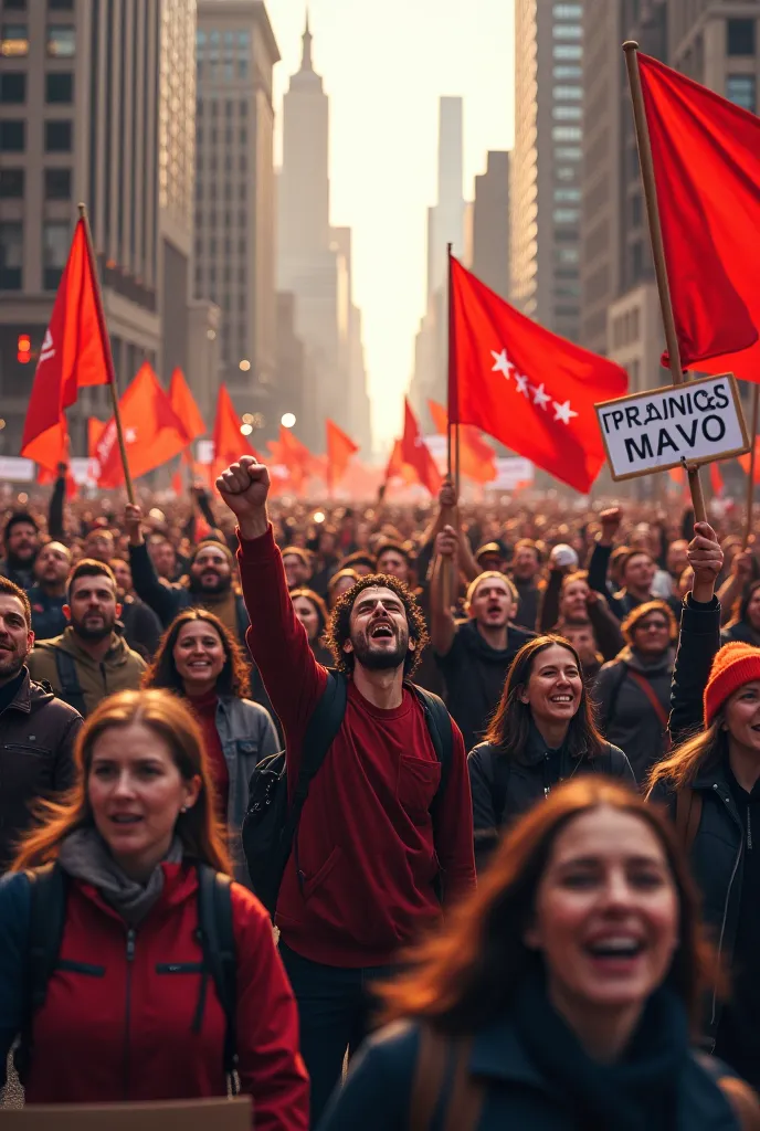  A crowd of demonstrators marching through the streets, chanting revolutionary slogans.