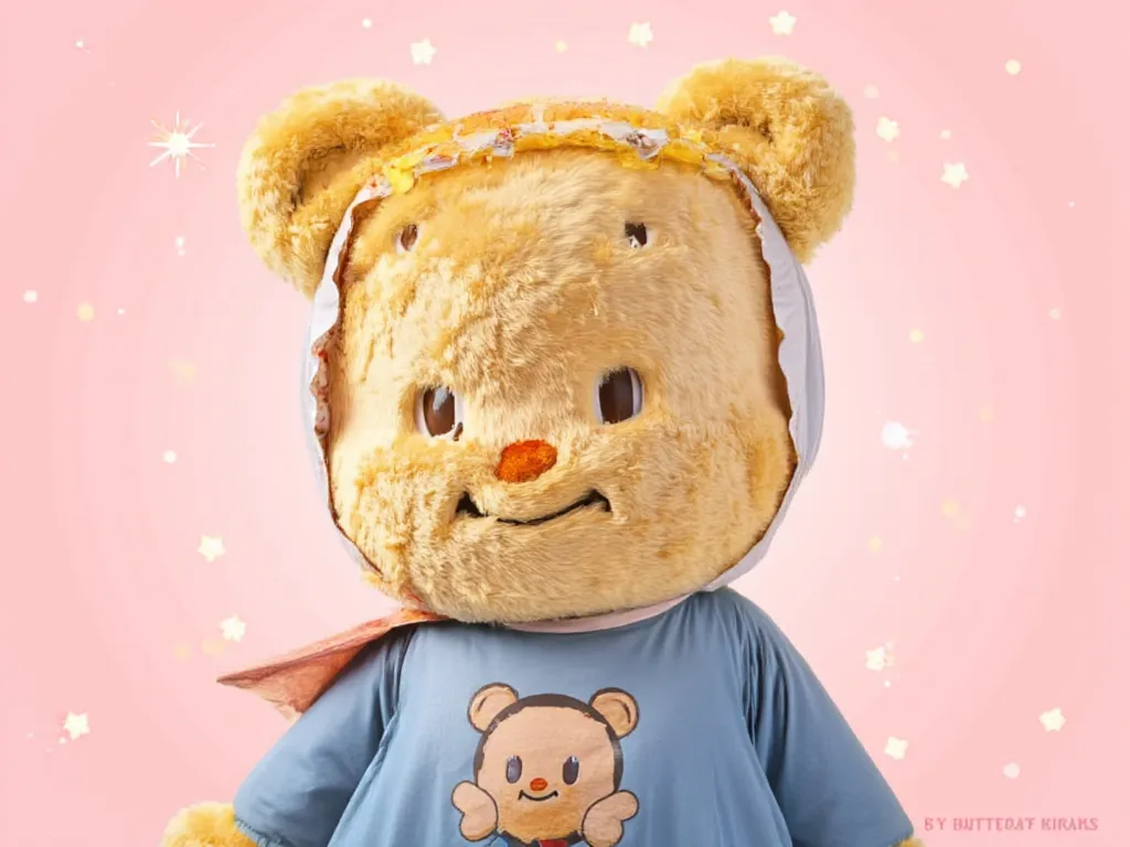 (((butterbearv1))), (((teddy bear))), "A cute, golden, butter-textured bear with a warm, friendly expression, dressed in a Superman costume. The bear has soft, fluffy fur resembling a freshly baked pastry. They are angry and being serious face. The backgro...