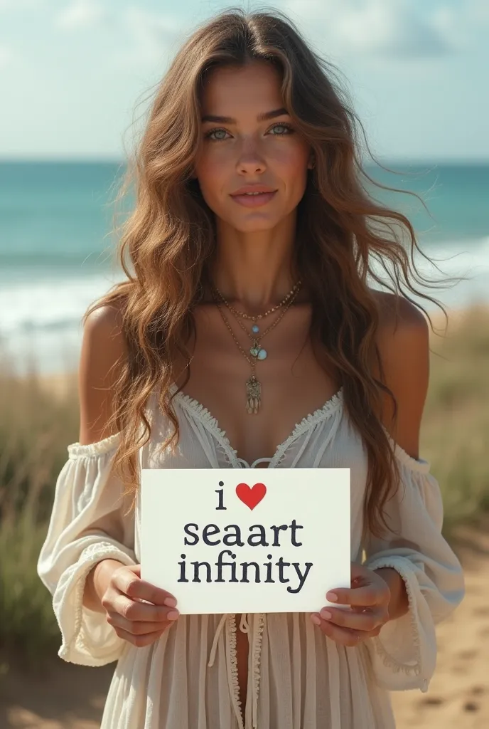 Beautiful girl with wavy long hair, bohemian dress, holding a white board with text "I Love Seaart Infinity" and showing it to the viewer