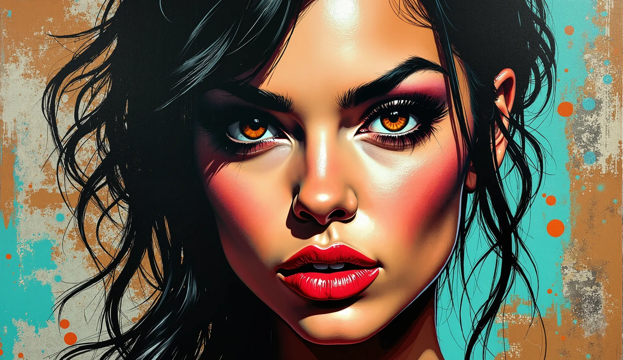 Bold pop art portrait with urban graffiti techniques, limited to brown and teal color palette, featuring a fierce feminine face with exaggerated features and heavy contrast, spray paint texture with intentional drips and splatters across a weathered wall s...