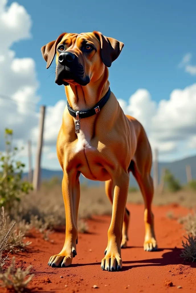 A hyperrealistic image of a Fila Brasileiro dog, with a short and shiny coat in shades of gold, black or striped . He has a serious and protective expression, with deep eyes and droopy ears. The Brazilian Fila is standing, in an imposing and alert posture,...