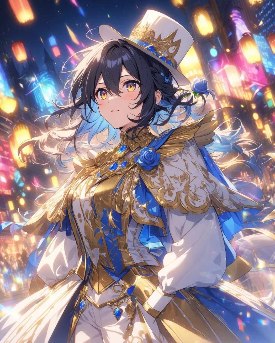  good quality only, anime, man, Alone,  unruly black hair,  blue-black hair, Dark blue hair,  amber eyes, Expression Viva, noble costume style clothes, clothes in shades of golden blue and white, Top hat in shades of blue gold and white, blue and white ros...