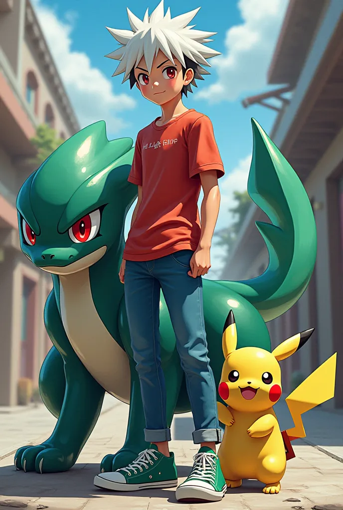 A boy who is from the Pokémon anime who has white hair, red eyes, who is 18 years old, who is dressed in blue jeans, green Converse tennis shoes, a red shirt, and a Pikachu. And greninja 