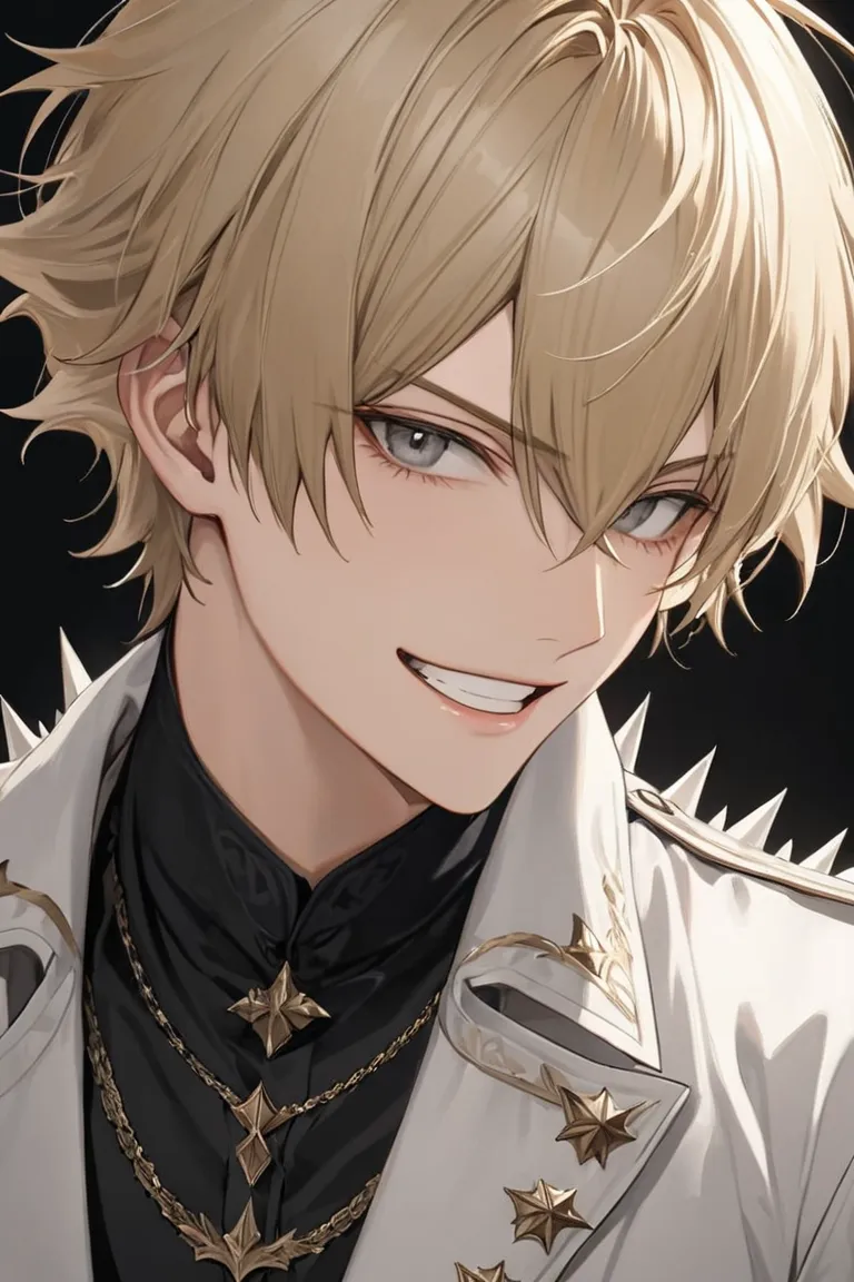 best quality, high detail, ultra-detailed, 8k, masterpiece, anime-style, male character, twenties, sharp grey eyes, slightly upturned eyes, spiky blond hair, short hair, fantasy-style clothing, practical outfit, black shirt, open mouth, visible teeth, smir...