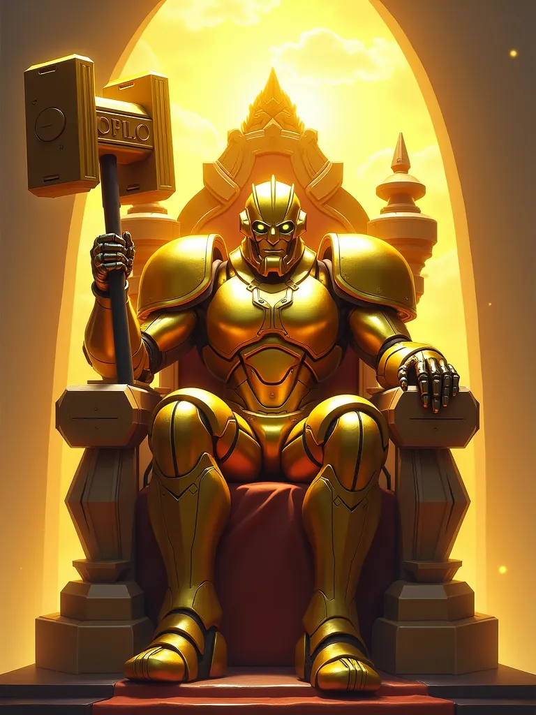 Game function: Dota 2 hero Dawnbreaker, Sunshine, fantastic, robot iron golden skin, yellow glowing eyes, wearing big hammer, sitting on the sun golden throne, smirking, sci fi, muscular, detailed