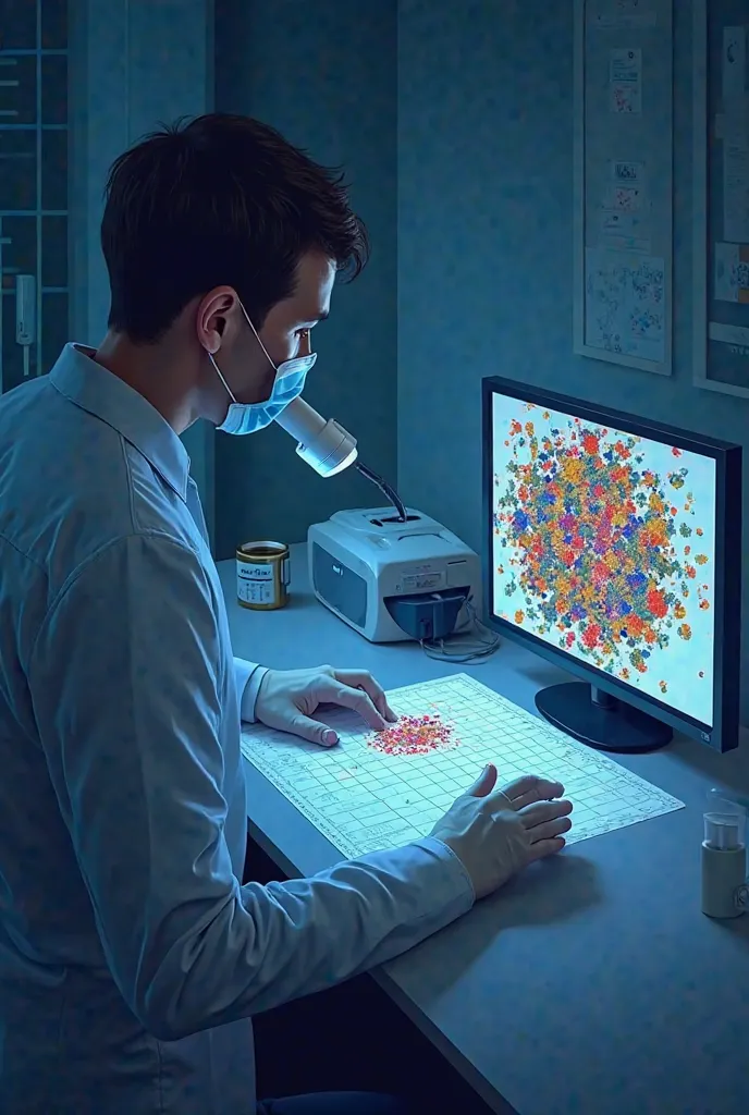 To illustrate the technique of Analyzing Chemical Microtraces on Contact Surfaces, imagine an image showing a forensic investigator using a high-tech instrument, like a mass spectrometer, to analyze an apparently clean surface. On the monitor next to, visu...