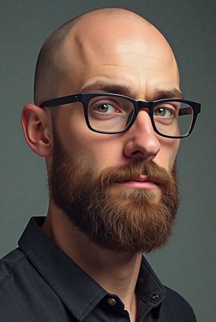 I want you to create a picture of a person from 30 to 40 years old, That she is a light brunette, that is a man, who has an average height, of average physical compression also, and black eyes, with a medium beard and who wears glasses and who is bald.

