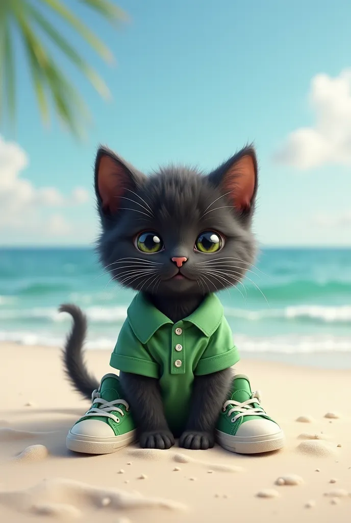 A black kitten wearing a green polo shirt and sneakers with a beach background 