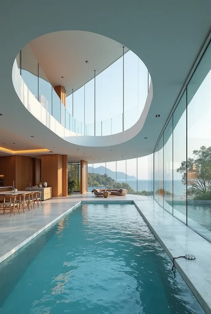 An open space in the house with kitchen dining room living room living room and pool inside with cloakroom with a futuristic and modern style with all the glazed walls I don't want the pool to be the most dominant more fluid like Zaha Hadid 