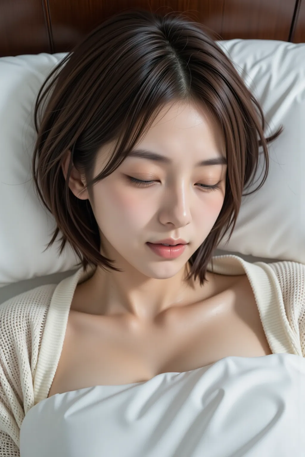 High quality,4K,Super Details,Realism,Professional grade ,bokeh,Beautiful woman with short messy hair, Blushing lying on the pillow, ah-yen,((Patient expression)), (One eye closed), ( lips), cardigan, 21 years old,[ open my mouth and spit my tongue],