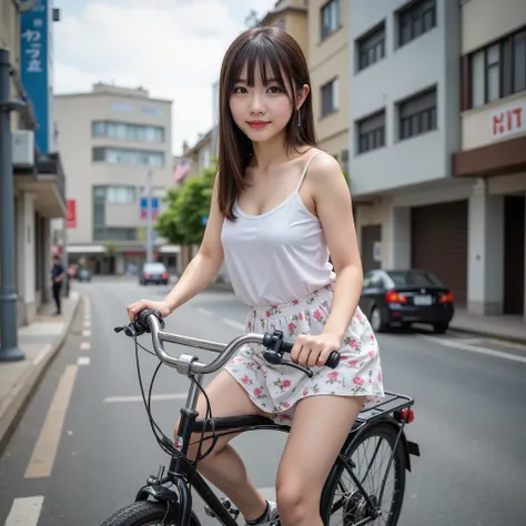 (City roads), masterpiece:1.37, super realistic, Photorealistic, dramatic scene, smile:0.8, (25 year old asian girl, alone, alone), (medium chest, medium ass, Japanese models, thin waist, beautiful eyes, beautiful face, symmetrical eyes:1.21, ((twintail:1...