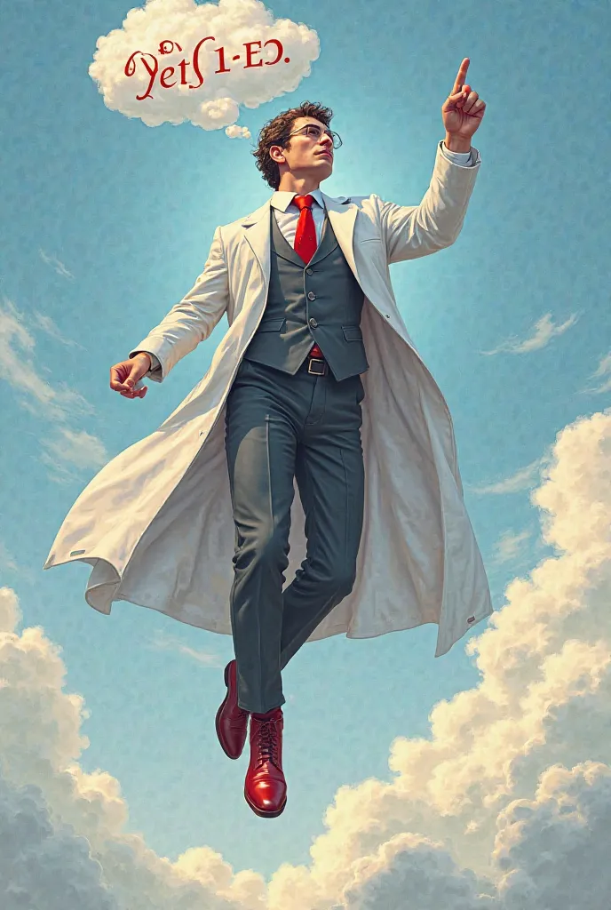 Flying superhero, of common build, wearing a white scientific coat, a 20th century scientist's costume in dark gray and a red tie, Whose boots are red, That one hand points to the ground and that your body is facing forward, that you have a cloud next to y...