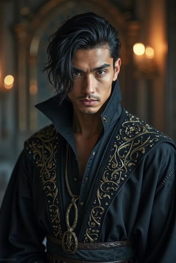 An imposing young man with sharp, intelligent eyes and a confident smirk. His dark, sleek hair is styled to perfection, with a few strands falling loosely around his forehead. He wears an intricate, dark robe with metallic accents, giving him a regal and p...